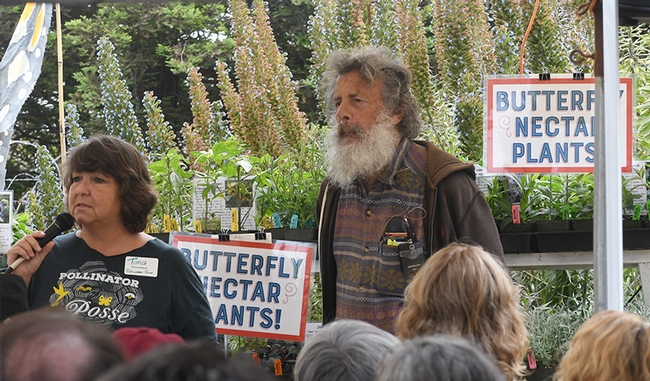 Tora Rocha, founder of the Pollinator Posse, based in Oakland, introduces UC Davis distinguished professor Art Shapiro. Rocha also delivered a presentation. (Photo by Kathy Keatley Garvey)