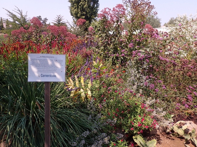 A sign informs visitors what the Kate Frey Pollinator Garden at Sonoma Cornerstone is all about. (Photo by Kathy Keatley Garvey)