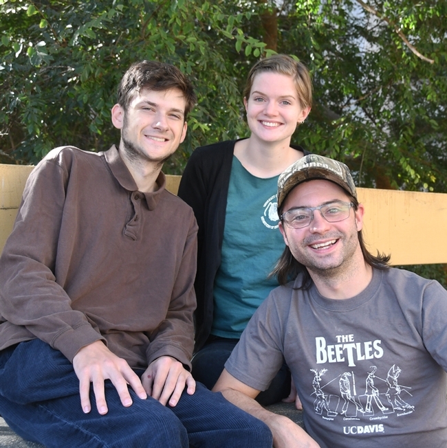These three graduate students in the Phil Ward lab at UC Davis are among the members of the UC Berkeley-UC Davis Linnaean Games Team. From left are Zachary Griebenow, Jill Oberski and Brendon Boudinot. Boudinot, president of the UC Davis Entomology Graduate Student Association, was a member of both the UC Davis national championship teams in 2015 and 2016. (Photo by Kathy Keatley Garvey)