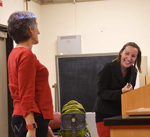 Jessica Gillung and her major professor, Lynn Kimsey, share a laugh prior to Gillung's exit seminar. (Photo by Kathy Keatley Garvey)