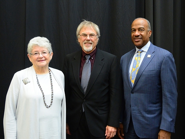 From left are distinguished emerita professor M.R.C. Greenwood, chair of the UC Davis Emeriti Association Awards and Recognition Committee; distinguished emeritus professor Robert E. Page Jr., and UC Davis Chancellor Gary S. May. (Photo by Kathy Keatley Garvey)