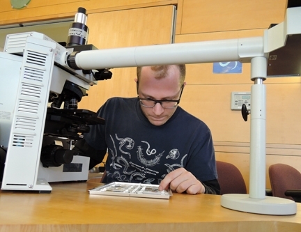 UC Davis nematologist and graduate student Corwin Parker working at the nematode collection. (Photo by Kathy Keatley Garvey)