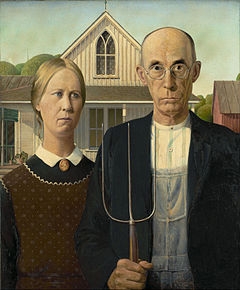 The American Gothic shows farmers outside their home, posing with a pitchfork. The Entomology Graduate Student Association's new T-shirt shows entomologists with a net.