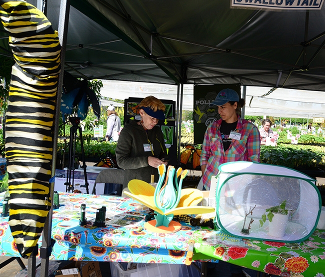 Terry Smith (left), co-founder of the Pollinator Posse, and  Jackie Salas, horticulturist at Children's Fairyland, Oakland, staff the Pollinator Posse booth. (Photo by Kathy Keatley Garvey)
