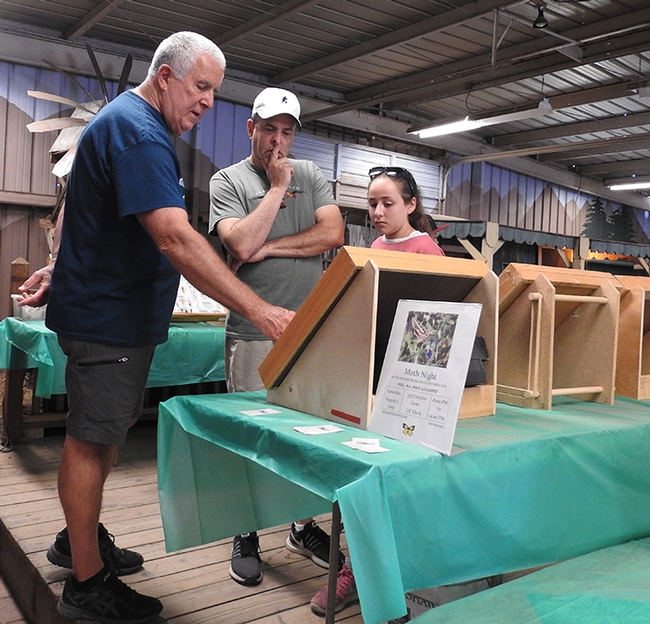 Entomologist Jeff Smith (left) shows insect displays from the Bohart Museum of Entomology to fairgoers last Saturday at the Dixon May Fair.  (Photo by Kathy Keatley Garvey)
