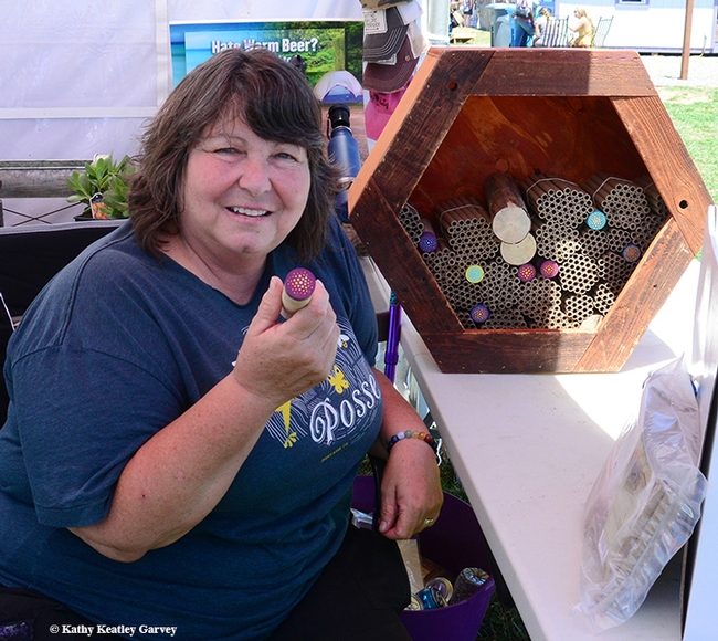 Tora Rocha, co-founder of the Bay Area-based Pollinator Posse, talks about her organization and the bee condos, AirBeeNBees. (Photo by Kathy Keatley Garvey)