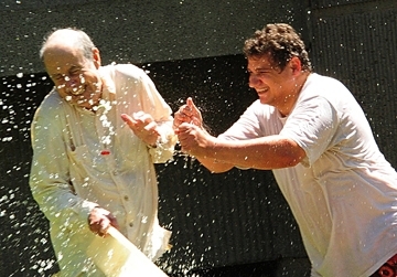 Bruce Hammock (left), UC Davis distinguished professor, and researcher Christophe Morissseau of the Hammock lab show why they are known as in water balloon battle circles 