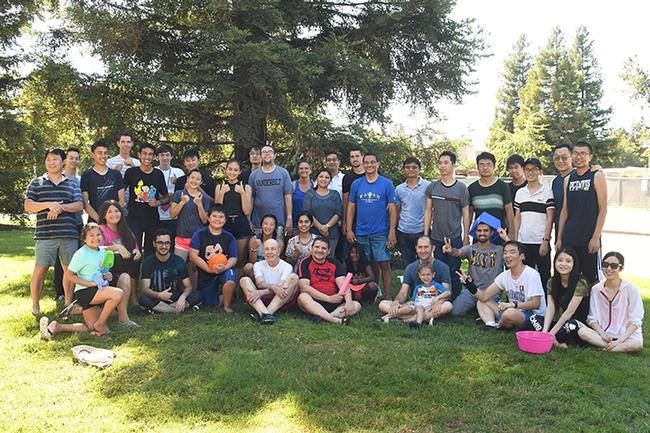 The water warriors pose for a group portrait following the 16th annual Bruce Hammock Lab Water Balloon Battle. (Photo by Kathy Keatley Garvey)