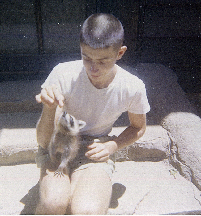 Bruce Hammock with a pet raccoon