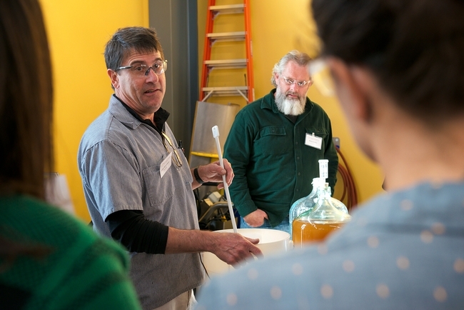 Winemaker Chik Brenneman leads a group at the 2017 UC Davis Honey and Pollination Center's Mead Making Bootcamp. (Honey and Pollination Center Photo)
