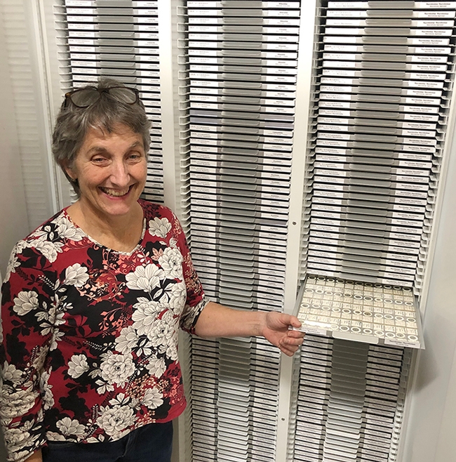 Lynn Kimsey, director of the Bohart Museum of Entomology, with part of the tardigrade collection. The Bohart collection includes some 25,000 slide-mounted specimens. (Photo by Kathy Keatley Garvey)