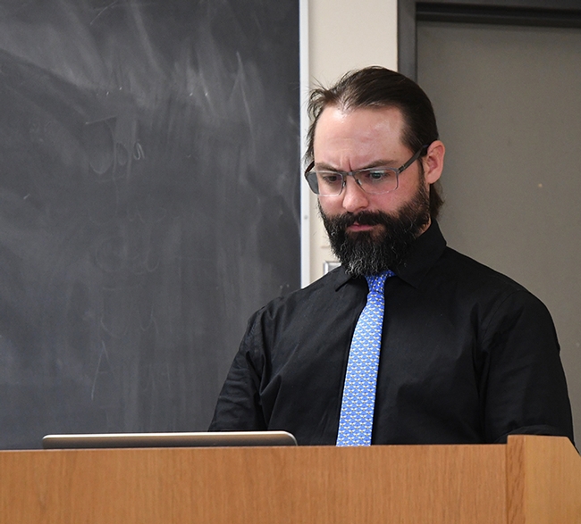Doctoral candidate Brendon Boudinot getting ready to present his exit seminar. (Photo by Kathy Keatley Garvey)