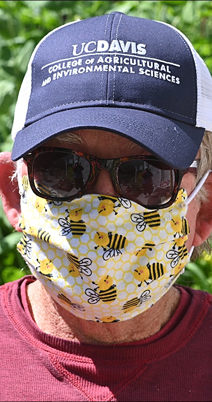 Bee-ing close to the bees. Face mask by Teresa Hickman. (Photo by Kathy Keatley Garvey)