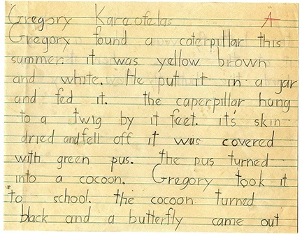 Some of the text that second-grader Greg Kareofelas wrote for his butterfly booklet.
