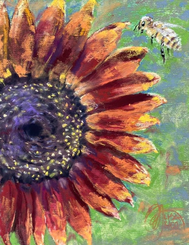 A honey bee buzzes over a sunflower in this painting, 