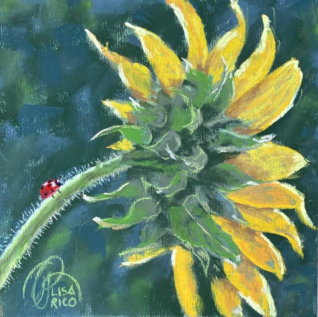 A lady beetle, aka ladybug, climbs the stalk of a sunflower in this painting by Lisa Rico, founder of the Vacaville Fire Art Project. It's titled 
