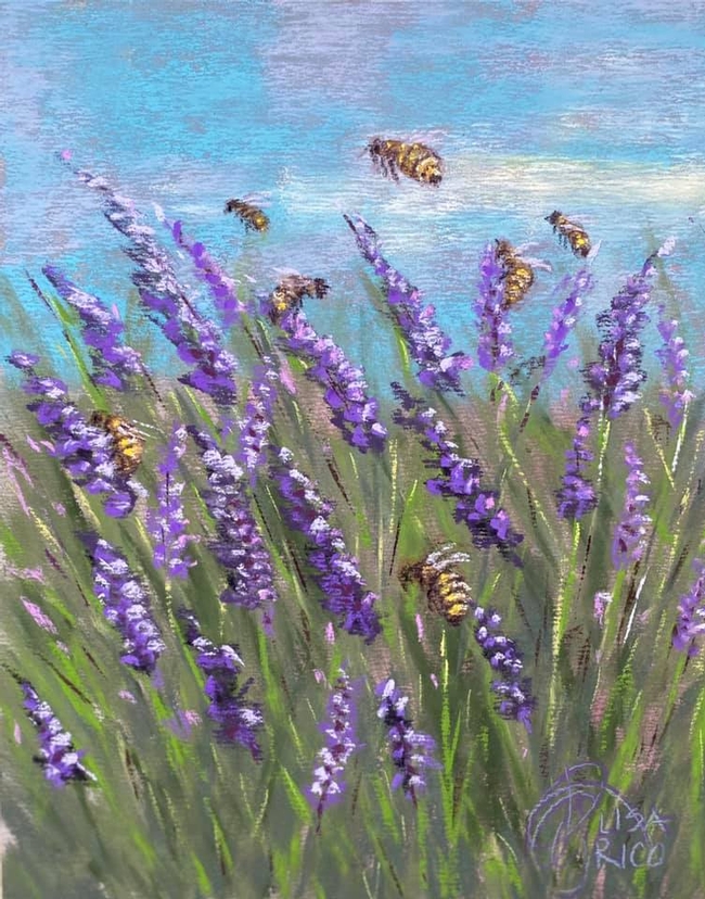 Honey bees forage in a field of lavender in this painting, titled 