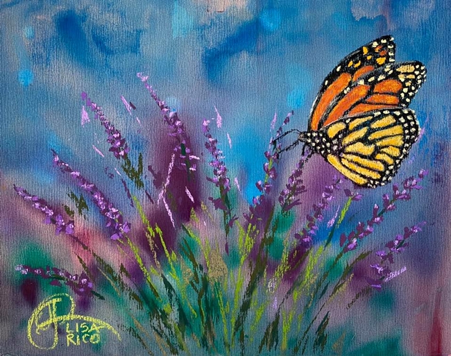 A monarch butterfly flutters through a field of lavender. Painting by Lisa Rico. This one is titled 