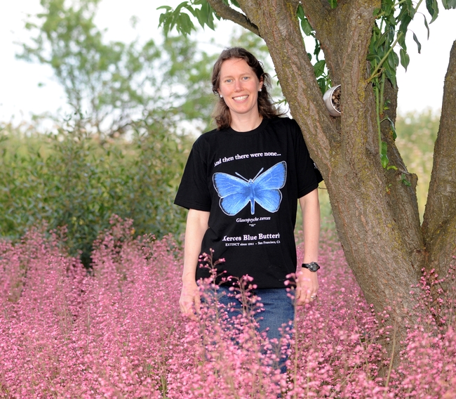 Tabatha Yang, outreach and education coordinator at the Bohart Museum, wearing a Xerces Blue Butterfly shirt. (Photo by Kathy Keatley Garvey)