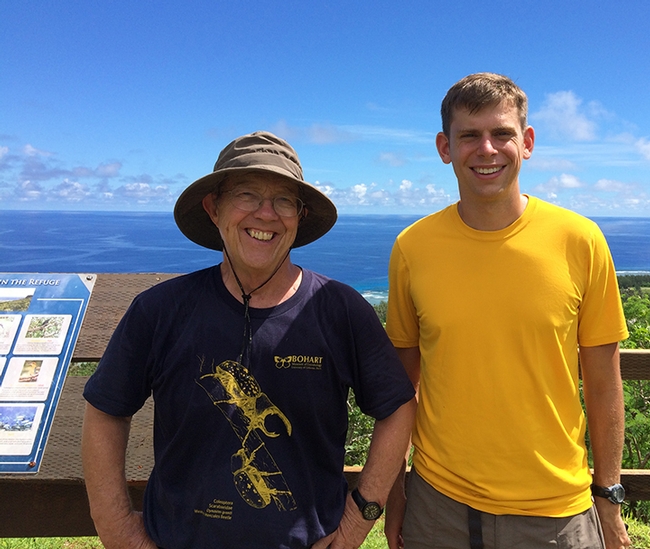 UC Davis emeritus professor Hugh Dingle, wearing a Bohart Museum t-shirt, and then doctoral student Micah Freedman, did monarch research on Guam.