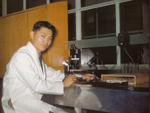 Medical entomologist Lt Robert Washino working in a lab south of Paris during the Korean War.
