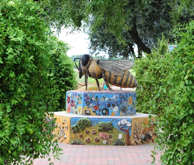 This sculpture of a worker bee anchors the UC Davis Department of Entomology and Nematology's Häagen-Dazs Honey Bee Haven. Titled 