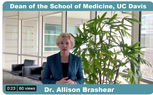 In her video, Dr. Allison Brashear, dean of the UC Davis School of Medicine, addresses the COVID-19 pandemic and vaccines. (Screen shot)