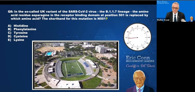 Shown on the screen, while the clock is ticking off the time allocated: an overview of the UC Davis campus. The answer to the question: Tyrosine. (Screen shot)