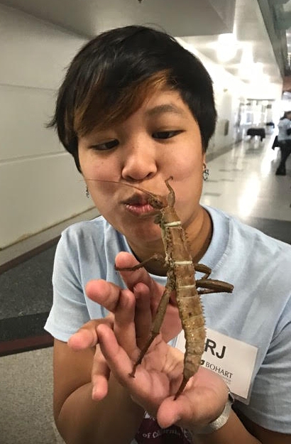 RJ Millena with a stick insect at the Bohart Museum of Entomology.