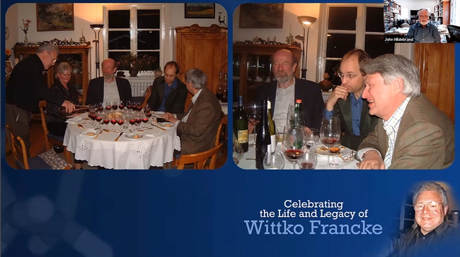 A dinner party at the home of Wittko and Heidi Francke; Wittko is pouring wine. (Screenshot)