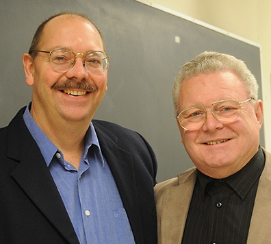 The late USDA/UC Davis chemical ecologist Steve Seybold (left), shown here with Wittko Francke at Francke's UC Davis seminar in December 2010, was also memorialized. (Photo by Kathy Keatley Garvey)