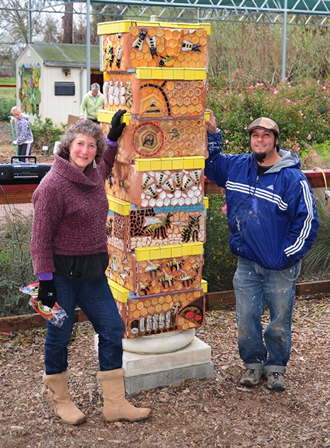 UC Davis entomology professor-artist Diane Ullman with professional ceramic mosaic artist Mark Rivera (1971-2021) at the Häagen-Dazs Honey Bee Haven. (Photo by Kathy Keatley Garvey)