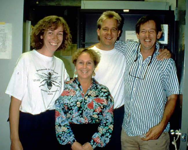 This UC Davis 1993 image shows doctoral students Kelli Hoover (foreground), Bryony Bonning and Bill McCutcheon with their major professor, Sean Duffey, 1943-1997. Duffey, vice chair of the Department of Entomology, died May 21, 1997 of an embolism from undiagnosed lung cancer.