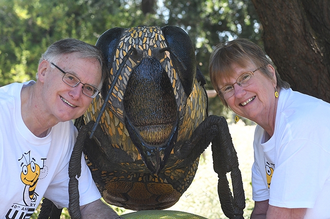 In 2014, Eric and Helen Mussen, then president and vice president of the Western Apicultural Society, stand by a bee sculpture at the Haagen-Dazs Honey Bee Haven, a bee garden on Bee Biology Road operated by the UC Davis Department of Entomology and Nematology. (Photo by Kathy Keatley Garvey)