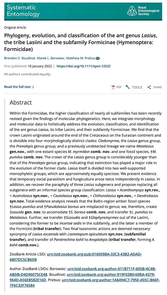 Abstract of the ant research published in the journal, Systemic Entomology.