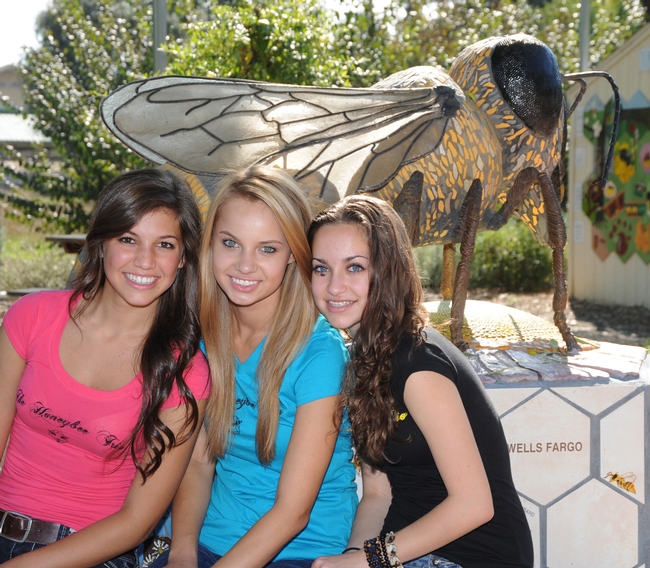 Honeybee Trio is comprised of (from left) Karli Bosler, 16; Natalie Angst, 16, and Sarah McElwain, 15. In back is Donna Billick's bee sculpture. (Photo by Kathy Keatley Garvey)