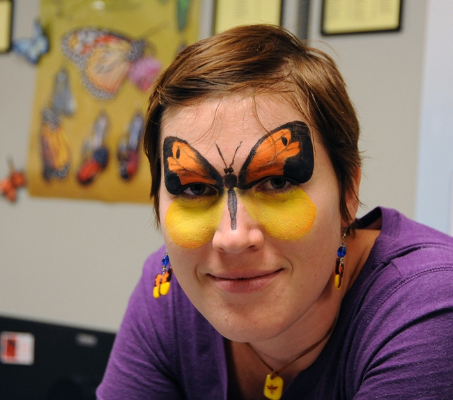 UC Davis graduate student Emily Bzdyk came dressed as a butterfly. She creates insect jewelry sold at the Bohart.(Photo by Kathy Keatley Garvey)