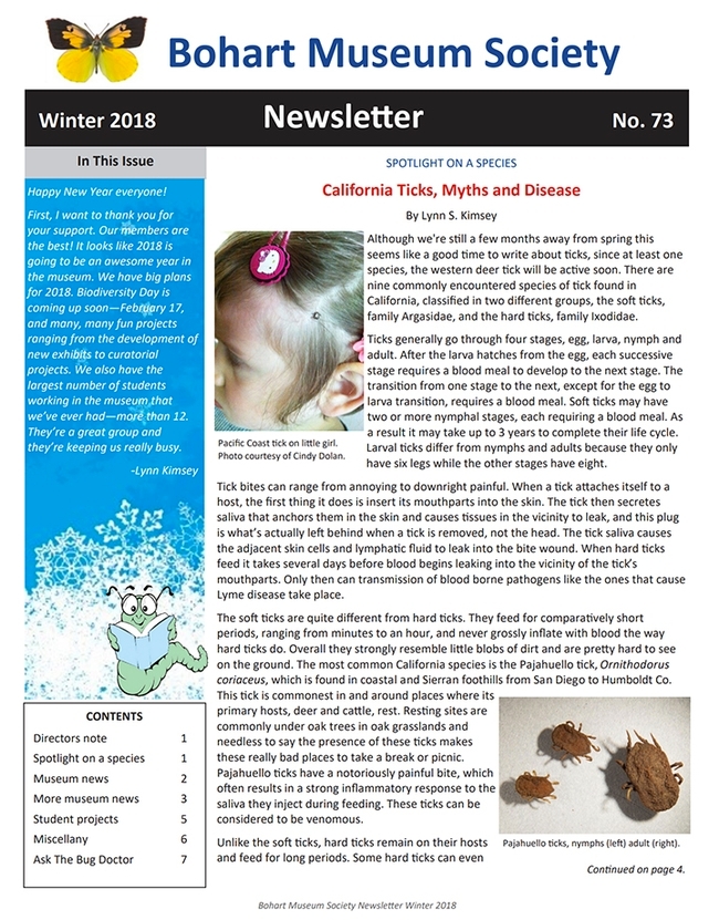 First page of information on ticks, Bohart Museum newsletter, Winter 2018