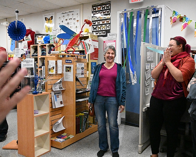 Surprise! Happy birthday! Lynn Kimsey, director of the Bohart Museum of Entomology, reacts to the surprise birthday party. (Photo by Kathy Keatley Garvey)