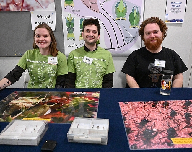 Phil Ward lab members are ready to answer your questions about ants. From left are Jill Oberski and Zach Griebenow, both doctoral candidates, and third-year doctoral student Ziv Lieberman. (Photo by Kathy Keatley Garvey)