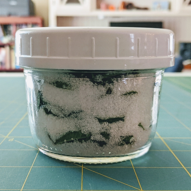 Salt dried basil in a jar