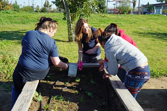 UC CalFresh nutrition educator Kristi Sharp, center, works with Rescue the Children residents in the garden.