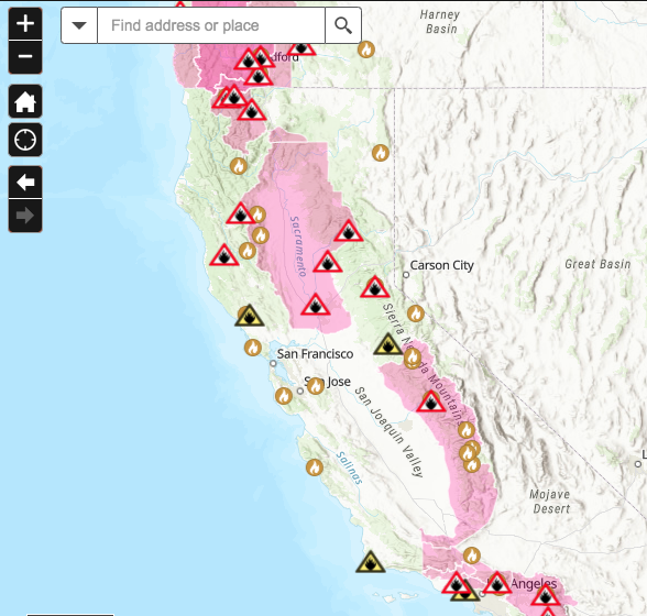 El mapa de actividad de incendios de UC ANR, el cual muestra las ubicaciones de los incendios, es actualizado cada 12 horas.