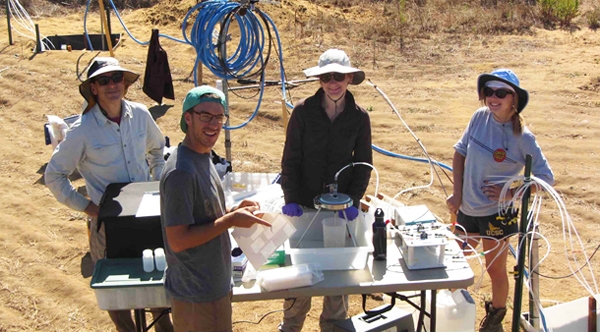 UC Santa Cruz Hydrogeology team members collect fluid samples during experiments at a managed aquifer recharge site. From left to right: Professor Andrew Fisher, graduate students Galen Gorski and Sarah Beganskas, and undergraduate student Dominique van den Dries.