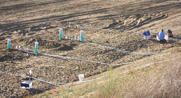 The UC Santa Cruz Hydrogeology group sets up instrumentation at a managed aquifer recharge (MAR) site when conditions are dry. Later during the year, this entire site will be underwater, but samplers will help to recover fluids, and sensors and loggers will record information used to determine infiltration rates.