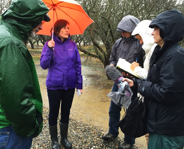 Helen Dahlke (center) talks groundwater recharge with colleagues in the field. Photo by Pam Kan-Rice.