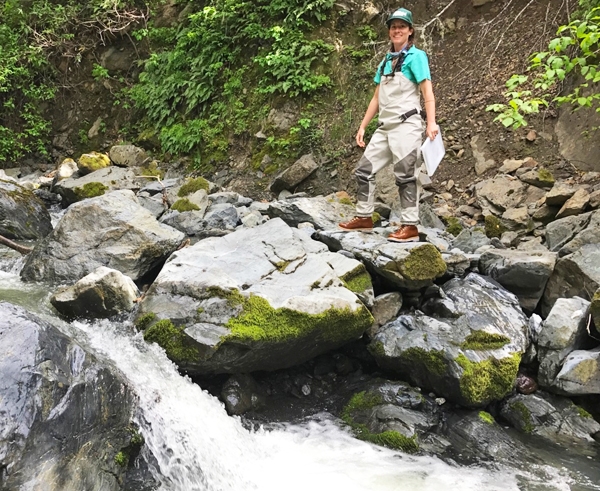 Graduate researcher Emily Cooper pauses as she navigates a stream during field surveys. Photo by Heather Navle.