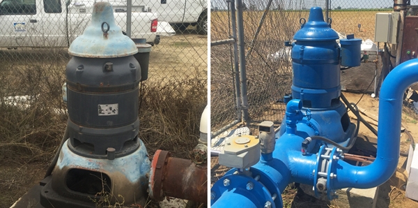 An old irrigation pump with oil leaks and general worn condition (left) was replaced with the new one (right) with support from the SWEEP program. Photos by Ruth Dahlquist-Willard.