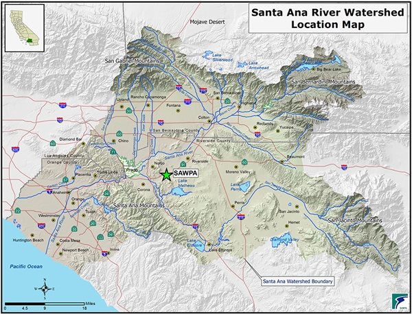The Santa Ana Watershed spans a large geographic area, including many large cities, of southern California. It begins with tributaries located throughout the area's major mountain ranges and ends where the Santa Ana River enters the Pacific Ocean. Map courtesy of SAWPA.