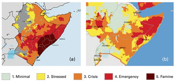Advances in FEWS NET's monitoring and communication contributed to a much better outcome when drought hit East Africa in 2016 and 2017 (b) compared to the 2011 Somali famine (a). Image from Funk et al.